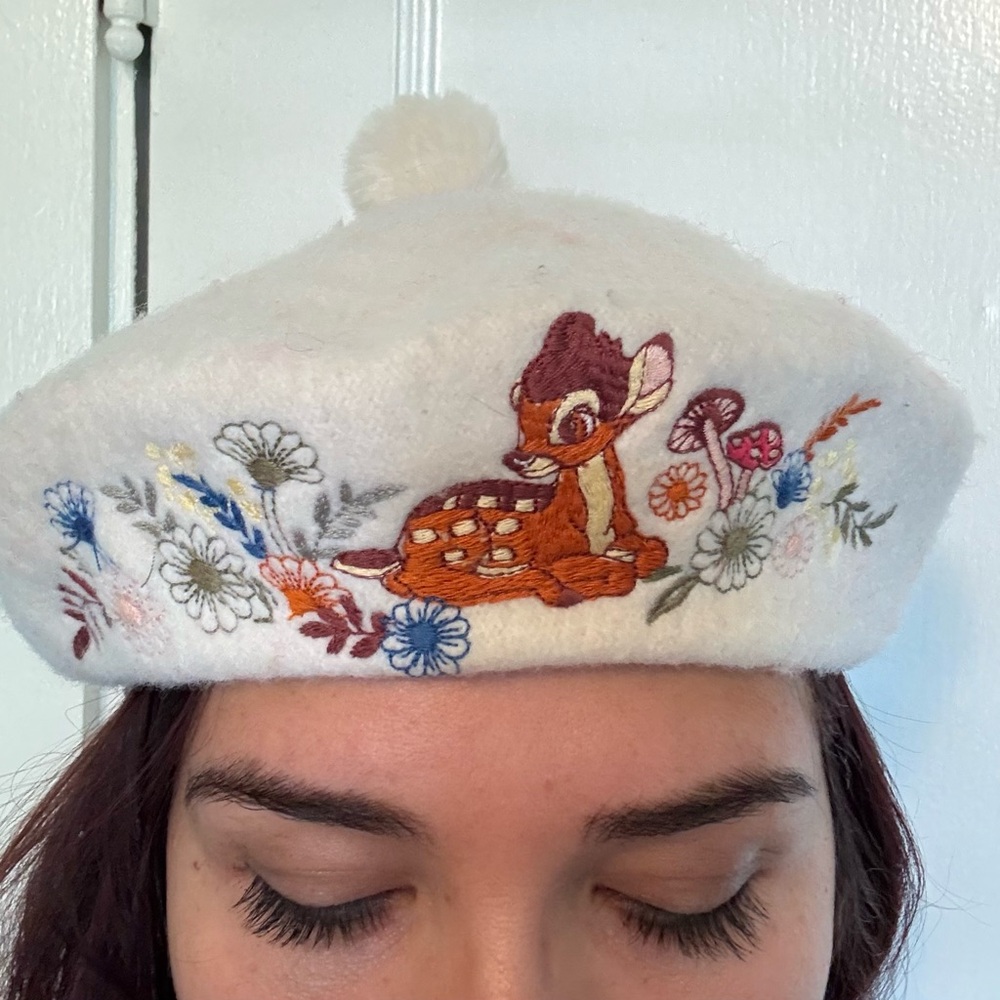 Embroidered White Kids Beret with Floral and Animal Design